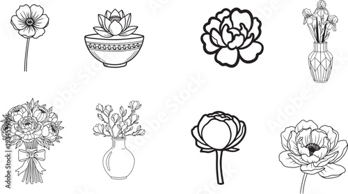 Elegant Hand Drawn Flower and Vase Line Art Collection � Black Outline Botanical Sketch Bundle