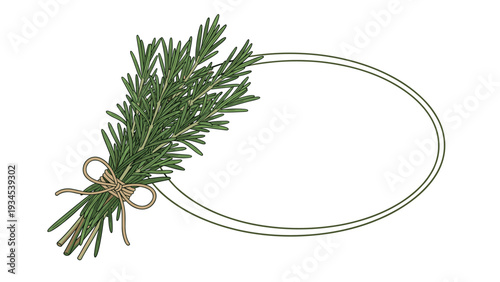 Fresh rosemary bunch tied with a string placed next to a blank oval frame for your text or recipe.