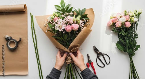 Florist preparing a bouquet of flowers for wrapping