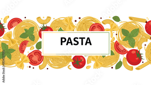 Decorative floral-style border made of various pasta shapes, fresh red tomatoes, and green basil leaves.