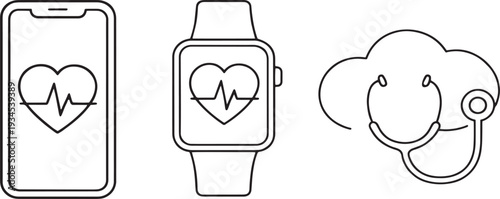 Generic smartphone, smartwatch, and cloud stethoscope line art for digital health concepts