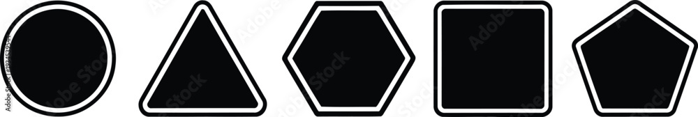 Obraz premium Collection of five distinct black geometric shapes aligned horizontally Vector
