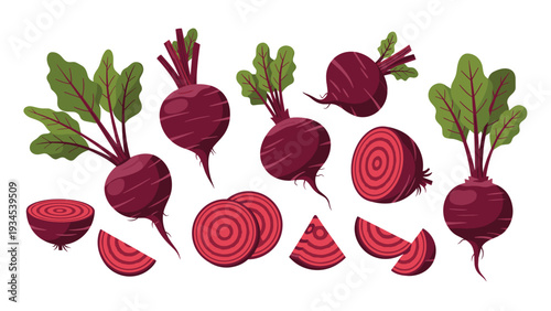 Fresh organic red beets shown in different stages of being whole, halved, sliced, and cut into wedges.