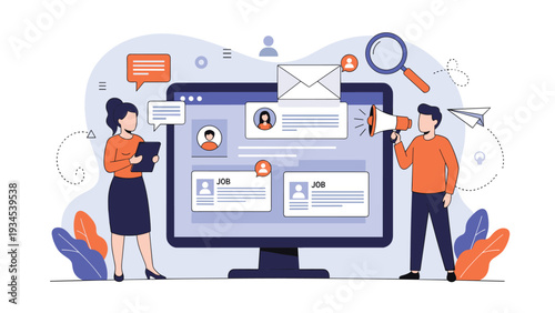 Recruitment process and job search platform illustration showing human resource team looking for new candidates for vacancies.