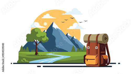 Travel and hiking concept illustration featuring a large backpack in front of a scenic mountain range with a winding river and forest.