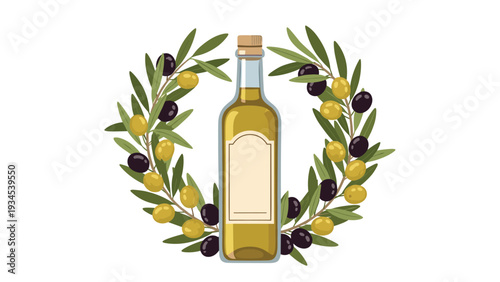 Glass bottle of extra virgin olive oil surrounded by lush green branches and ripe olives on a clean white background.
