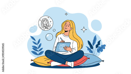 Young creative woman sitting on comfortable pillows and using a digital tablet with a stylus to create a beautiful portrait illustration.