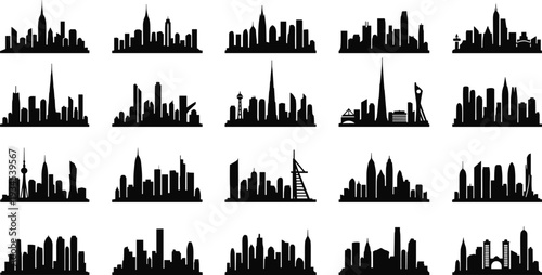 City skyline silhouette icon set with modern urban skyscrapers landmark buildings vector illustration isolated black cityscape collection