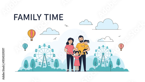Happy family with young children spending quality time together at an amusement park with ferris wheels and hot air balloons in background.