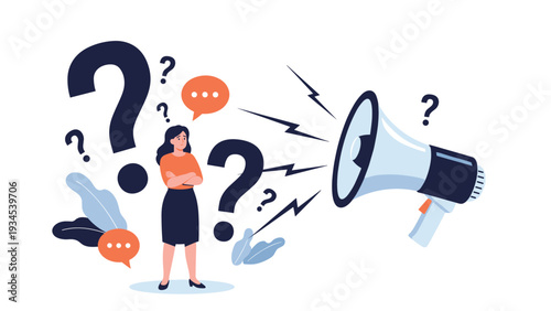 Stressed woman standing among large question marks being overwhelmed by a giant megaphone representing loud communication and pressure.