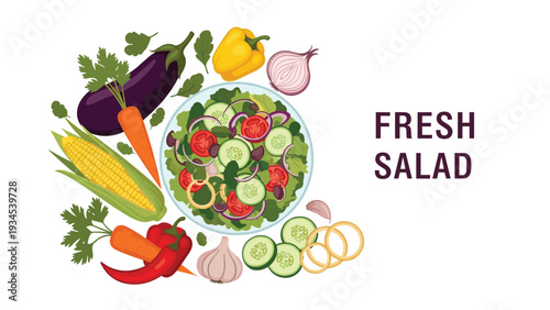 Top view of a fresh vegetable salad bowl surrounded by various ingredients like corn, carrots, eggplant, onions, peppers, and garlic.