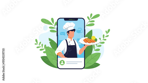 Professional male chef wearing a hat and apron presenting a delicious cooked dish on a smartphone screen for online culinary classes.