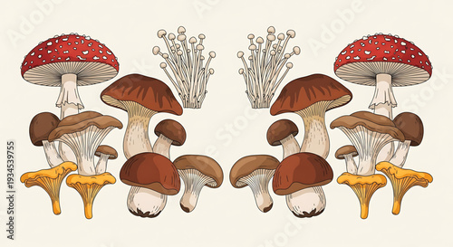 A colorful vector illustration of various mushroom species, including fly agaric and others, set against a plain background.