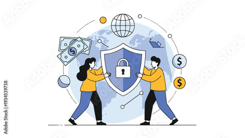 Man and woman holding a large shield with a padlock symbol in front of a globe representing worldwide data security and cyber protection.