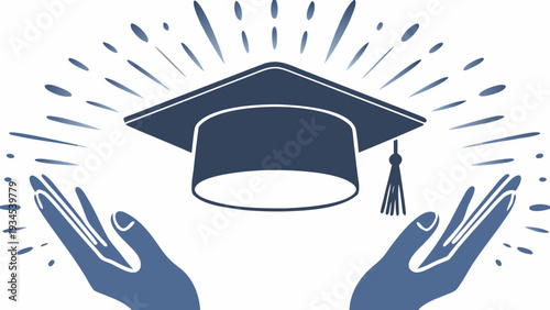 Graduation cap in hands with celebratory burst