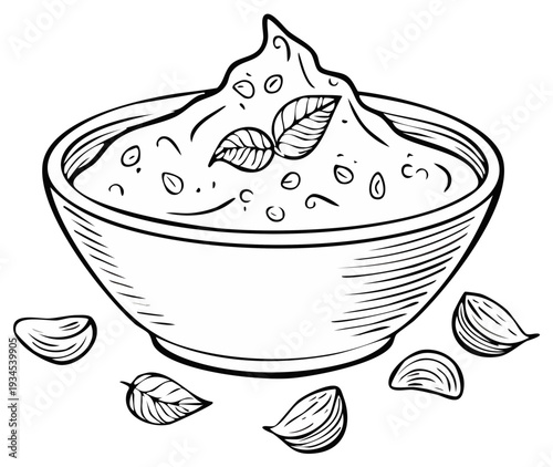 Hummus in Bowl with Garlic and Basil Leaf Illustration