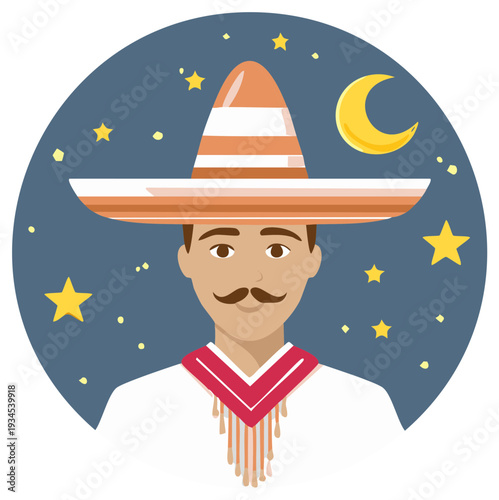 Illustration of a man in a sombrero and poncho against a starry night sky with a crescent moon