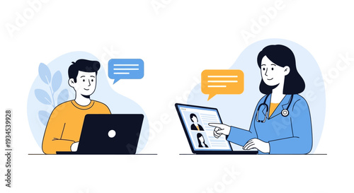 Online Doctor Consultation: Patient receives virtual medical advice from a female doctor via laptop, illustrating telehealth and remote healthcare.