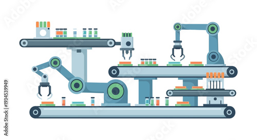 Automated Production Line with Robotic Arms, Conveyor Belts, and Vials - Industry 4.0 Smart Manufacturing Concept