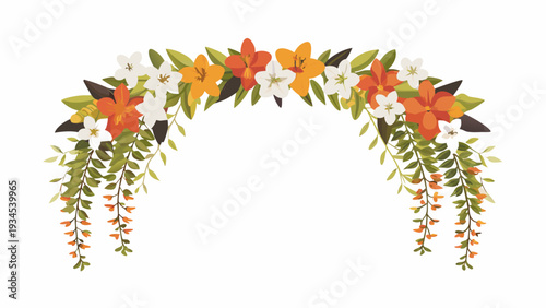 Vibrant floral archway with colorful blooms and lush greenery