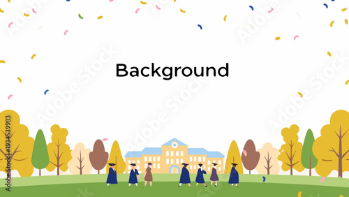 Graduates celebrating in front of university building with confetti