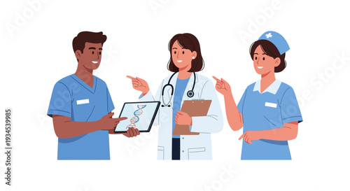 Healthcare Team Discussing DNA Research on Tablet - Medical Professionals Collaboration in Digital Health Technology