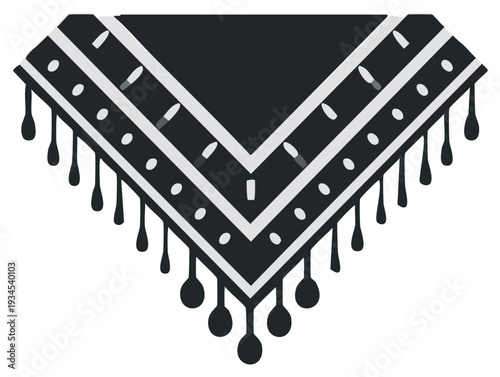 Decorative Poncho Illustration with Tassels Black and White Motif, Textile Pattern for Ethnic Art Projects