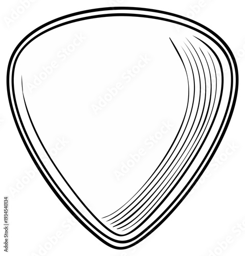 Illustration of a guitar pick, stylized black and white design with clean lines.