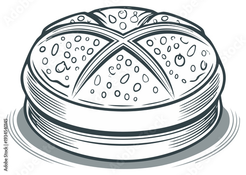 Stylized ink drawing of a round bread roll with a cross pattern on top, casting a slight shadow