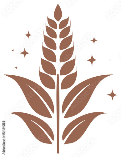 Stylized Grain Stalk Icon with Leaves and Sparkles, Vector Illustration, Agriculture, and Symbolism