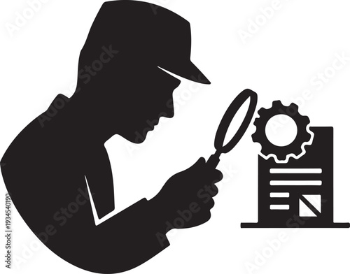 Detective examining document with magnifying glass and gear icon on transparent background