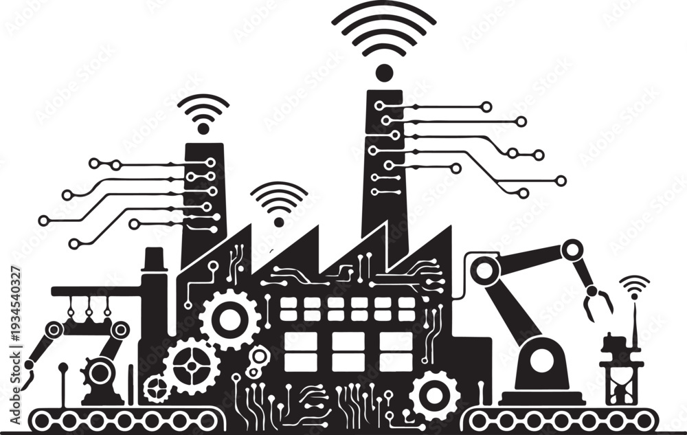 Obraz premium Industrial factory with robotic arms and circuit boards connected to wireless networks