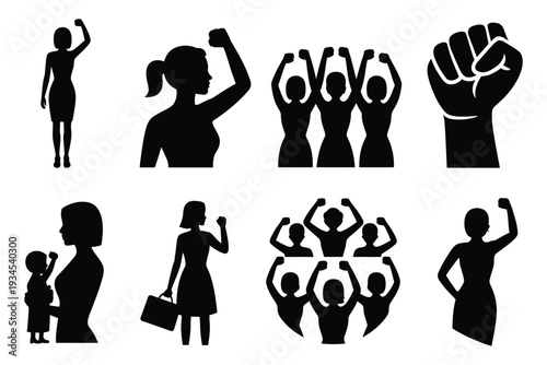 Silhouettes of powerful women and groups showing female empowerment protest and solidarity with raised fists and strength