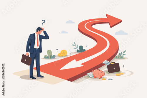 Businessman standing by a large red arrow showing a reversal in direction, symbolizing a turning point in financial trends, economic shifts, interest rate changes, and business market strategy.