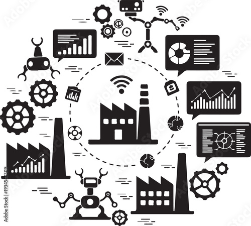 Industrial factory automation and data analysis with robotics and communication networks