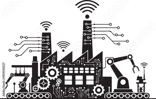 Industrial factory with robotic arms and circuit boards connected to wireless networks