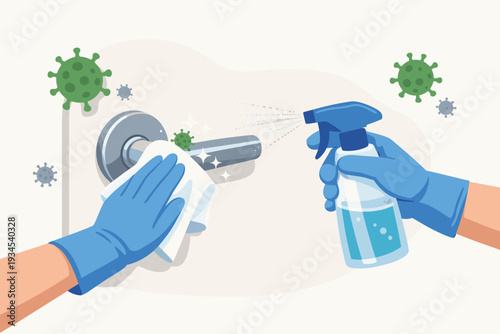 Hands in blue gloves disinfecting a metal door handle with a spray bottle and cloth to prevent the spread of coronavirus COVID-19. Illustration of hygiene, sanitation, and cleaning service concept.
