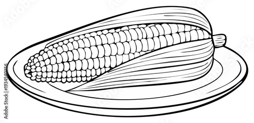 Fresh Corn on the Cob with Husk Served on a Plate Line Drawing