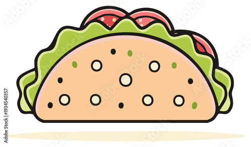 Illustrated Taco with Tomatoes and Lettuce Ready to Eat at Lunchtime, Mexican Food, Delicious, Healthy Snack or Street Fast Food Meal