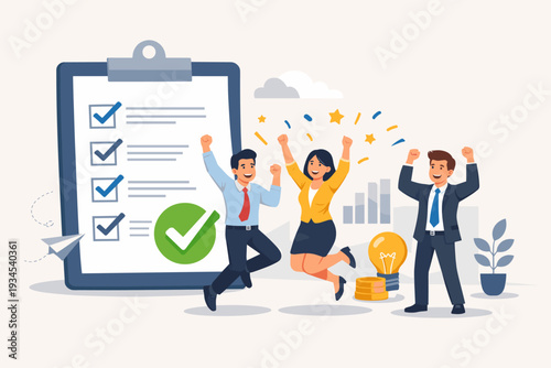 Successful business team celebrating project completion and task accomplishment with a giant checklist and green checkmark, group of happy office workers jumping for joy and achievement.