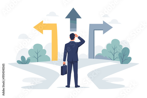 Confused businessman in suit with briefcase standing at a fork in the road with three directional arrows, concept of making a difficult career choice, business strategy, and future planning.