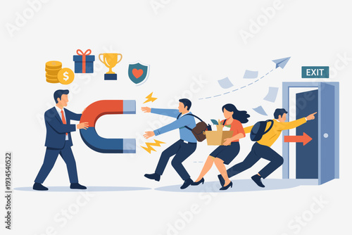 Employee Retention and Incentive Program Concept with HR Manager Using Magnet to Attract Staff and Reduce Resignation Rate, Building Loyalty with Benefits, Rewards, and Workplace Welfare.