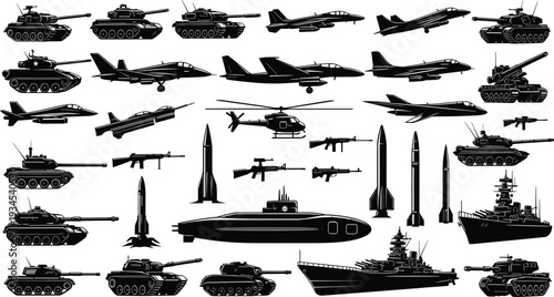 Military vehicle and weapon silhouette set with tanks aircraft ships submarines missiles guns vector illustration isolated black army equipment collection