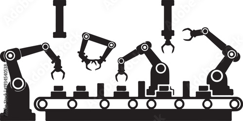 Robotic arms working on assembly line with various parts and machinery in industrial setting