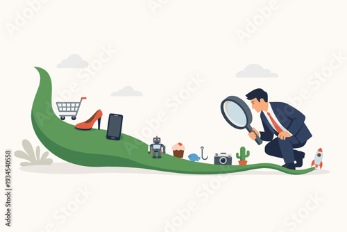 Long Tail Marketing Strategy Concept with Businessman Using Magnifying Glass to Find Niche Products and Opportunities on a Green Tail Curve for E-commerce Growth, SEO, and Targeted Sales Success