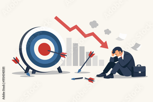 Depressed businessman sitting in despair after missing targets, featuring a bullseye with missed arrows and a red downward trend arrow, representing financial loss, crisis, and business failure.