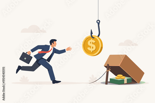 Businessman Running Towards Money Bait on a Hook and a Box Trap, Concept of Financial Risk, Greed, and Incentive, Vector Illustration of Employee Motivation and Deceptive Rewards in Business