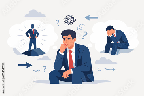 Businessman experiencing self-doubt and imposter syndrome, confused professional man sitting and thinking about success and failure, lack of confidence to make a decision, mental health at work