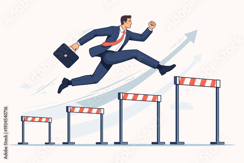 Businessman jumping over hurdles of increasing height, symbolizing career growth, overcoming challenges, professional development, success, and achieving goals in a competitive business environment.