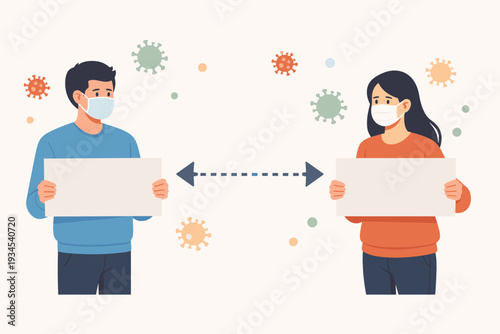 Man and Woman Wearing Protective Face Masks Holding Blank Signs for Social Distancing Awareness During Coronavirus COVID-19 Pandemic, Vector Illustration of People Keeping Safe Distance